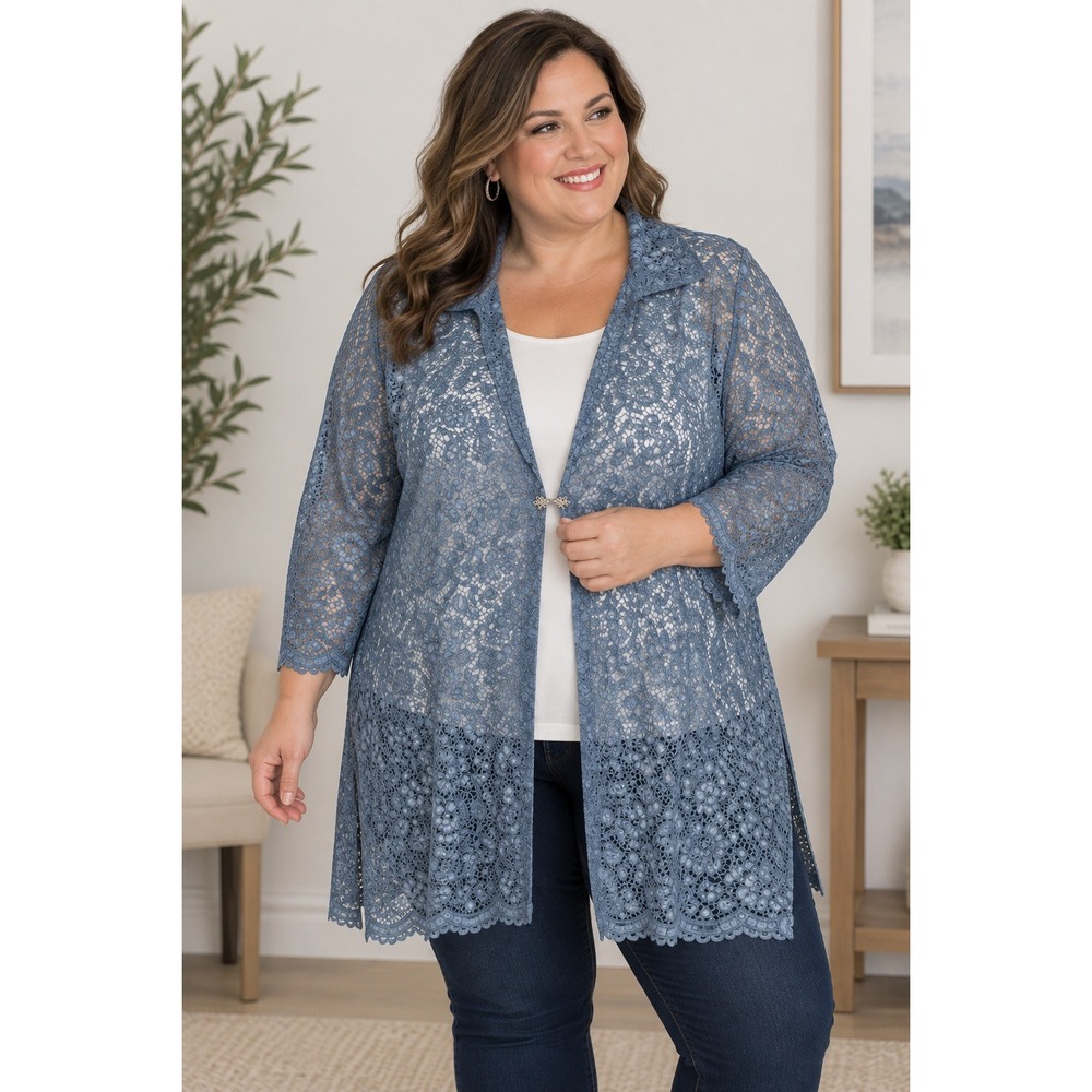 Catherines Cardigan Women's 24W Floral Lace Sheer Open Front Jacket Blue